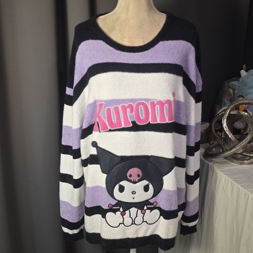 Kuromi Sanrio Bioworld Sweater XL NWT 2024 Lilac Stripe Fuzzy Pullover Lounge